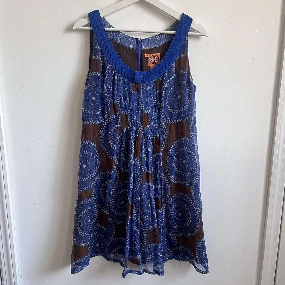 Tory Burch Silk Blue Printed Slip Sleeveless Y2K Dress Artsy Retro Mod Sz 10